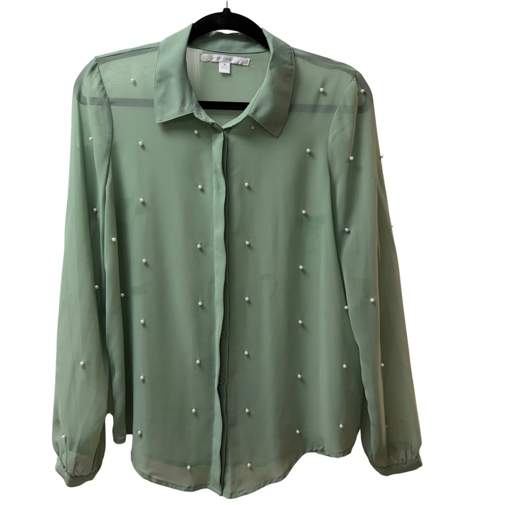 LC Lauren Conrad Sage Green Pearl Embellished Sheer Chiffon Blouse Womens Medium - Picture 2 of 11